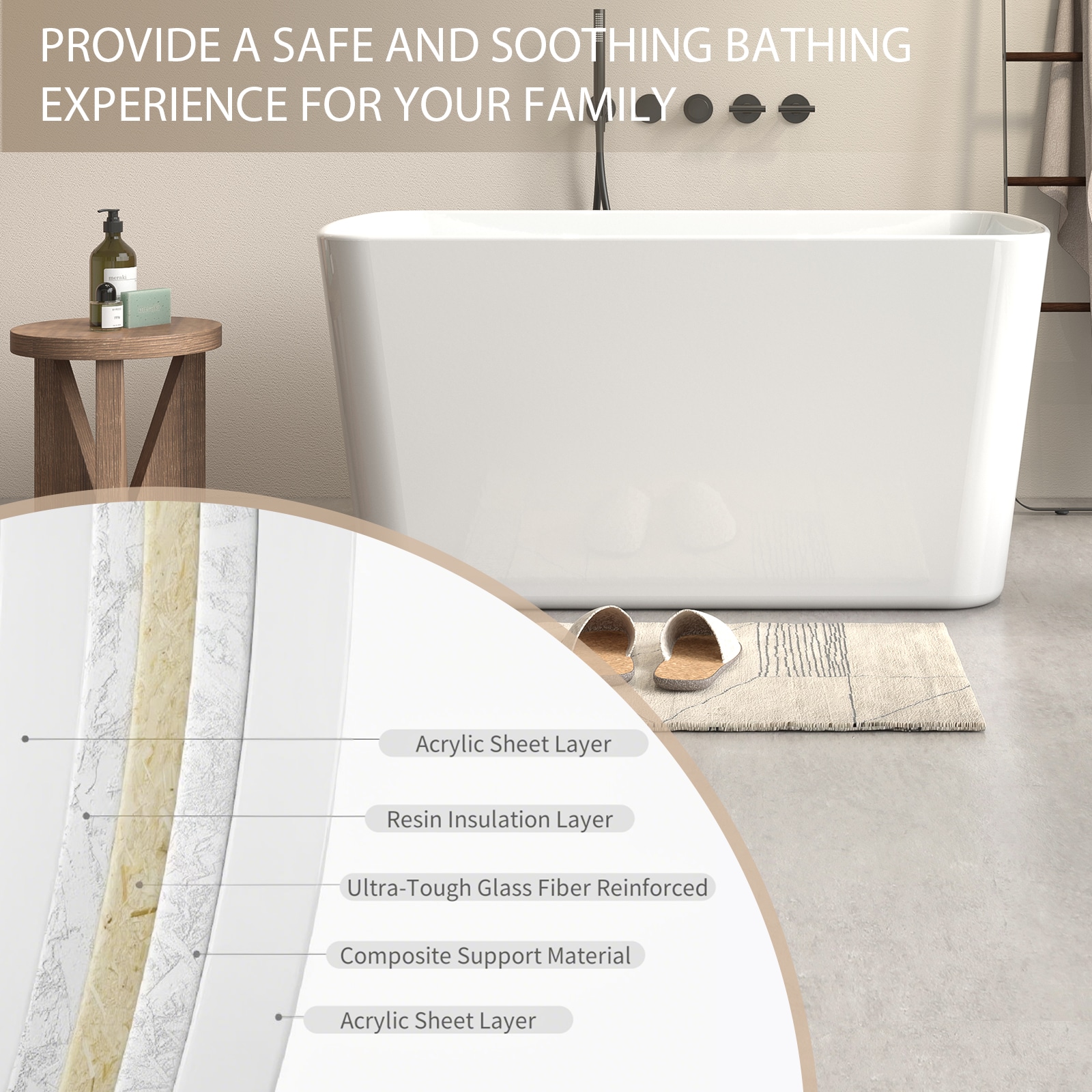 Freestanding Soaking Bathtub Acrylic Square Japanese Style White_voghion.com